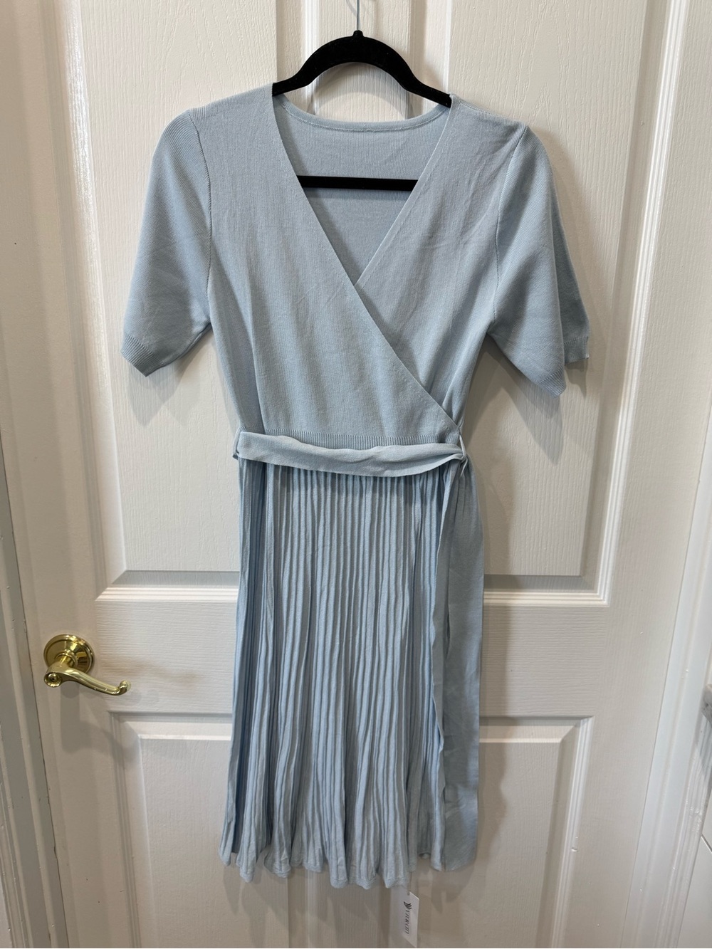 Soft Blue Wrap Midi Dress with Pleated Skirt